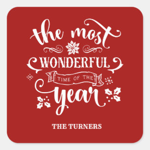 Chic The Most Wonderful Time of the Year Monogram Square Sticker