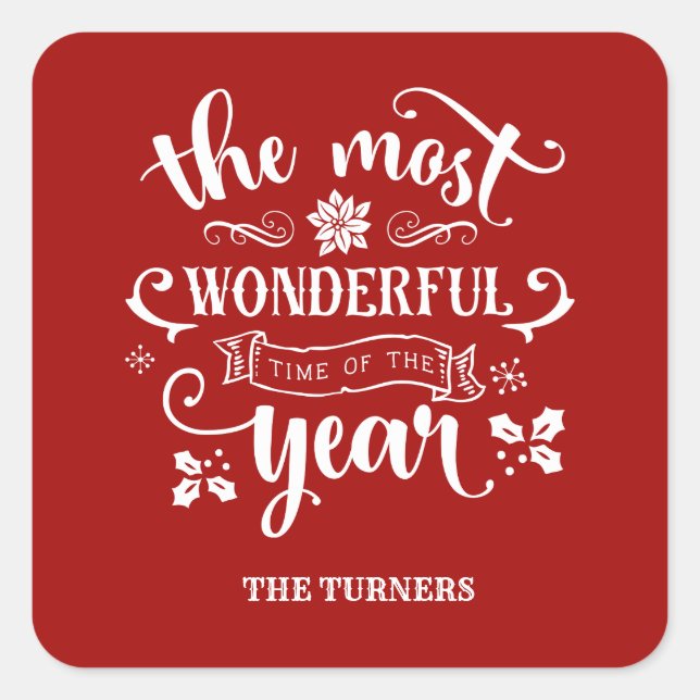 Chic The Most Wonderful Time of the Year Monogram Square Sticker (Front)