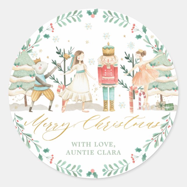 Chic The Nutcracker Ballet Merry Christmas Gold Classic Round Sticker (Front)
