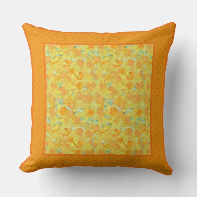 Chic Throw Pillow or Cushion, Daffodils and Polkas (Front)