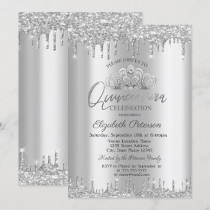 Chic Tiara, Silver Glitter Drops Quinceañera Invitation