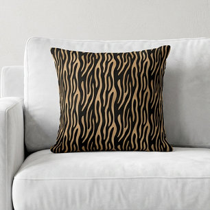 Chic Tiger Stripe Animal Print Safari Brown Black Throw Pillow