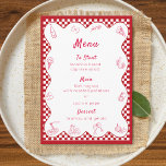 Chic Timeless Italian-Themed Red Chequered Wedding Menu<br><div class="desc">Elevate your bridesmaid proposal with our chic Italian-themed menu,  perfect for the modern bride with a love for all things Italian. This beautifully designed card features delightful red illustrations of iconic Italian symbols such as pizza,  pasta,  and gelato,  framed by a classic red and white chequered border.</div>