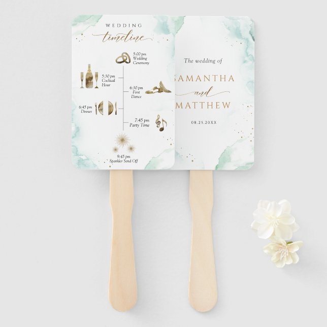 Chic, Timeline and Welcome Watercolor Blue Green Hand Fan (Front and Back)