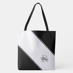 CHIC TOTE_MODERN "Mrs"BLACK & WHITE STRIPES Tote Bag