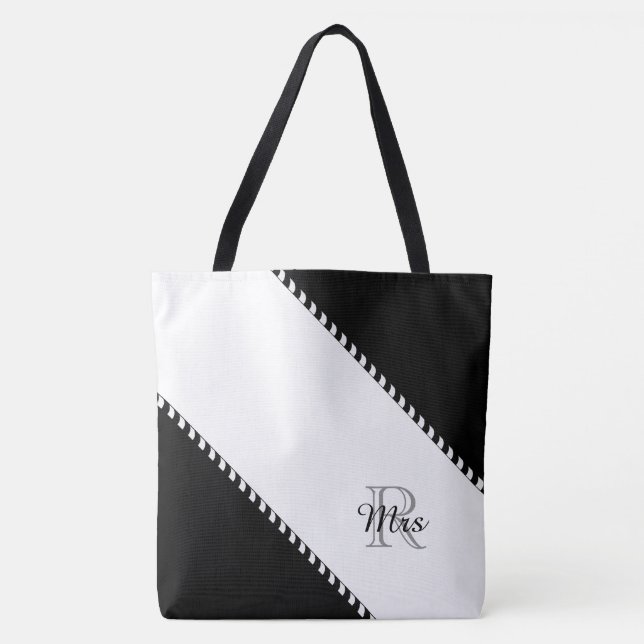CHIC TOTE_MODERN "Mrs"BLACK & WHITE STRIPES Tote Bag (Front)