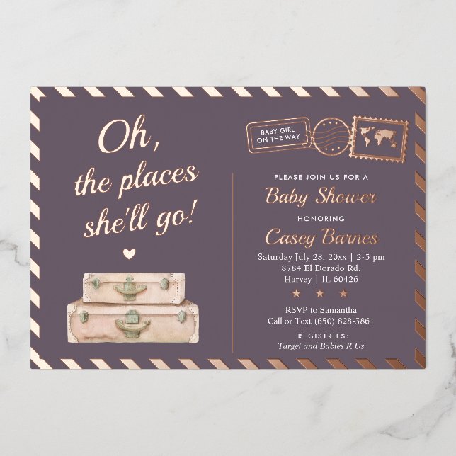 Chic Travel Rose Gold Places She'll Go Baby Shower (Front)