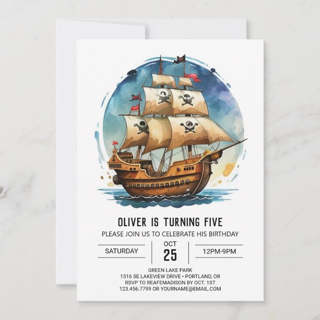 Chic Treasure Map Jolly Roger Pirate Birthday Invitation (Front)