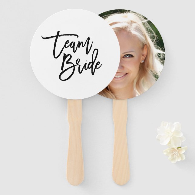 Chic Trendy Black Brush Script Team Bride Hand Fan (Front and Back)