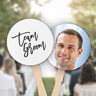 Chic Trendy Black Brush Script Team Groom Hand Fan