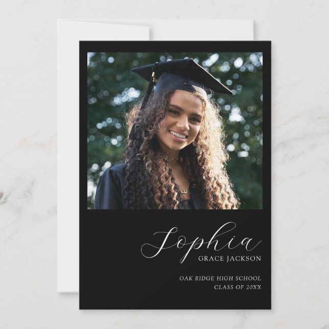 Chic Trendy Black Handwritten Photo Graduation Announcement (Front)