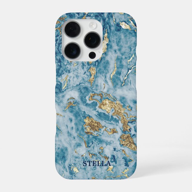 Chic Trendy Blue Gold Texture Personalized iPhone Case (Back)