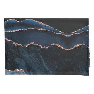 Chic Trendy Navy Blue Agate Rose Gold Glitter Pillowcase