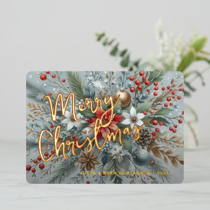 Chic Trendy Red Floral Berries Wreath Gold Foil Holiday Card
