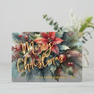 Chic Trendy Red Floral Berries Wreath Gold Foil Holiday Card