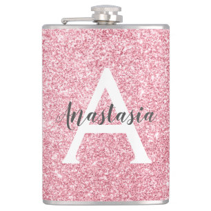Chic & Trendy Rose Gold Glitter Sparkles Monogram Hip Flask