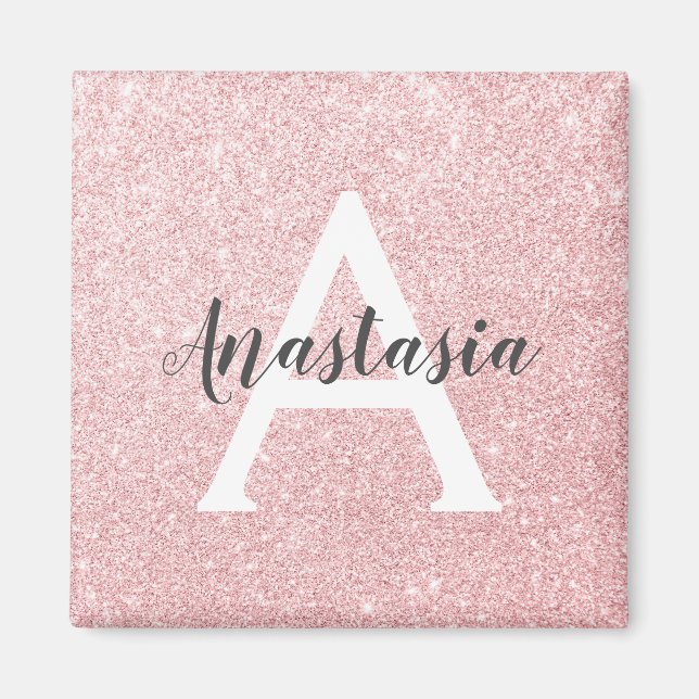 Chic & Trendy Rose Gold Glitter Sparkles Monogram Magnet (Front)
