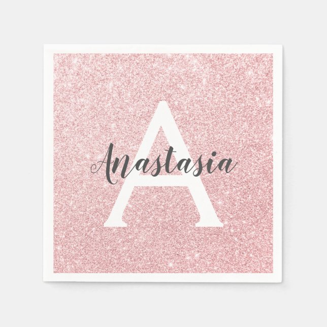 Chic & Trendy Rose Gold Glitter Sparkles Monogram Napkin (Front)
