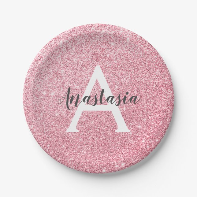 Chic & Trendy Rose Gold Glitter Sparkles Monogram Paper Plate (Front)