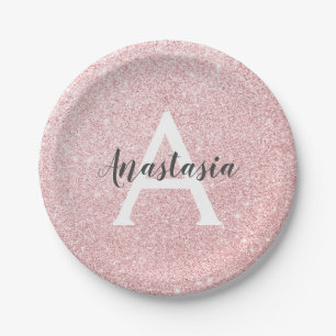 Chic & Trendy Rose Gold Glitter Sparkles Monogram Paper Plate
