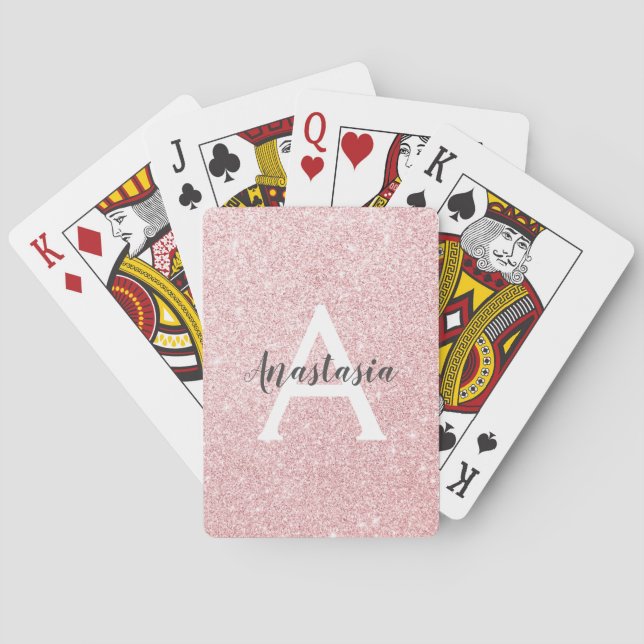 Chic & Trendy Rose Gold Glitter Sparkles Monogram Playing Cards (Back)