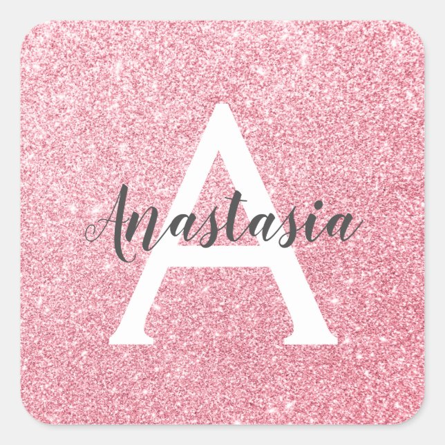 Chic & Trendy Rose Gold Glitter Sparkles Monogram Square Sticker (Front)