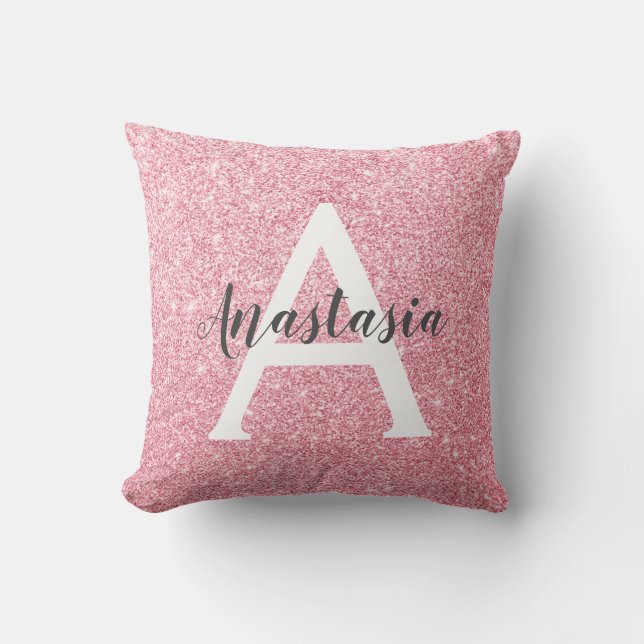 Chic & Trendy Rose Gold Glitter Sparkles Monogram Throw Pillow (Front)