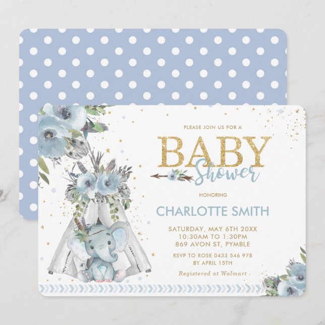 Chic Tribal Blue Floral Elephant Boy Baby Shower Invitation (Front/Back)