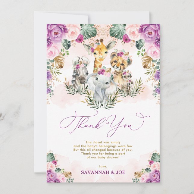 Chic Tropical Boho Jungle Wild Animals Baby Shower Thank You Card (Front)