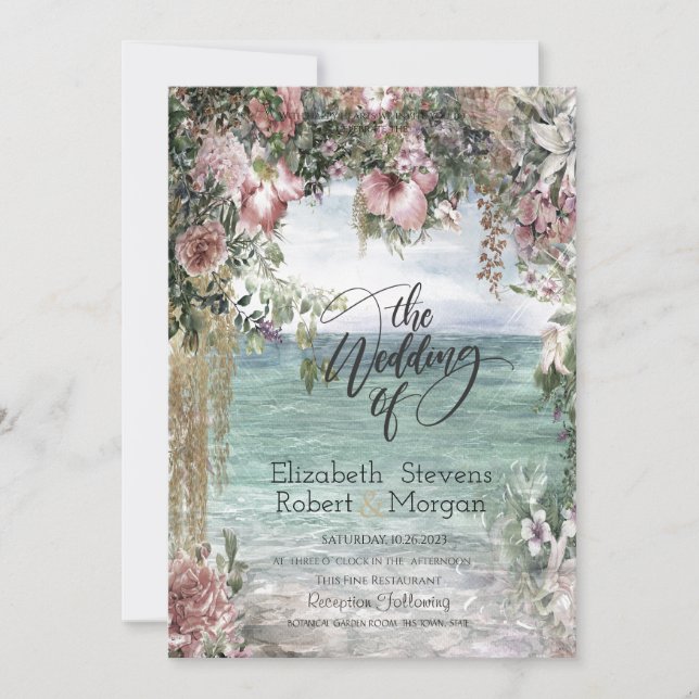 Chic Tropical Flowers Ocean Wedding Invitation (Front)