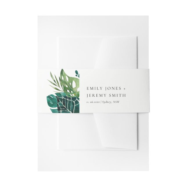 Chic Tropical Monstera Green Leafy Foliage Wedding Invitation Belly Band (Front Example)