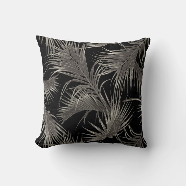 Chic Tropical Palm Fronds Pattern on Black Throw Pillow (Front)