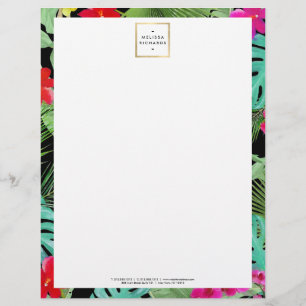 Chic Tropical Print Watercolor Designer Black Letterhead