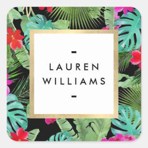 Chic Tropical Print Watercolor Designer Black Square Sticker