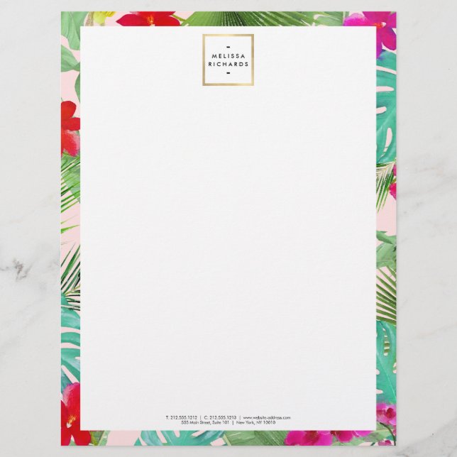 Chic Tropical Print Watercolor Designer Pink Letterhead (Front)