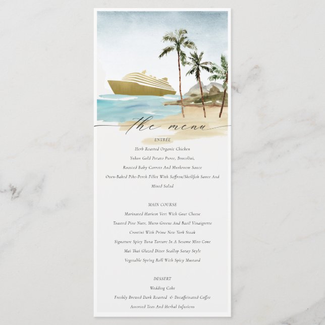 Chic Tropical Seascape Palm Beach Cruise Wedding Menu (Front)
