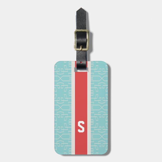 Chic turquoise abstract geometric pattern monogram luggage tag (Front Vertical)
