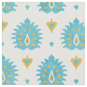 Chic turquoise and gold damask ikat pattern fabric
