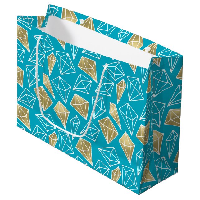 Chic Turquoise Aqua Blue Gold Diamonds Birthday Large Gift Bag (Front Angled)