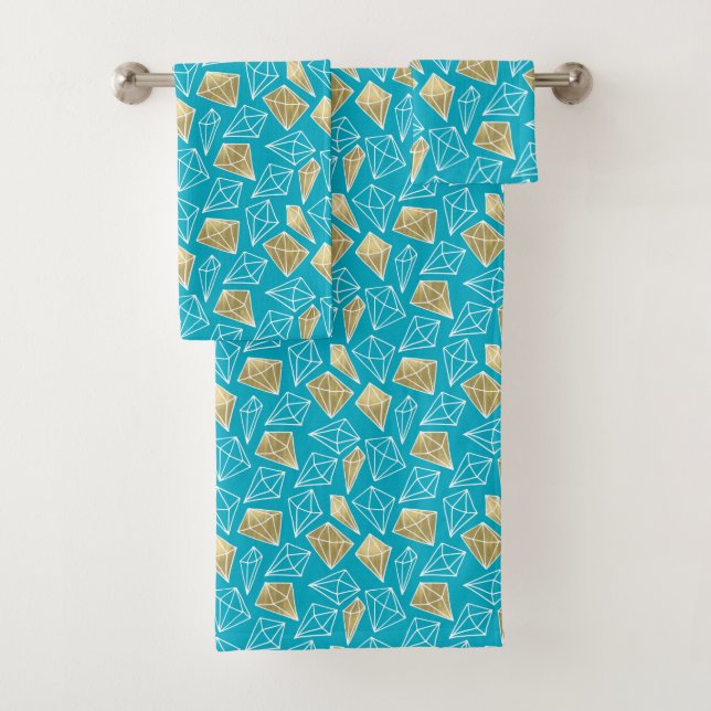 Chic Turquoise Aqua Blue Gold Diamonds Christmas Bath Towel Set (Insitu)