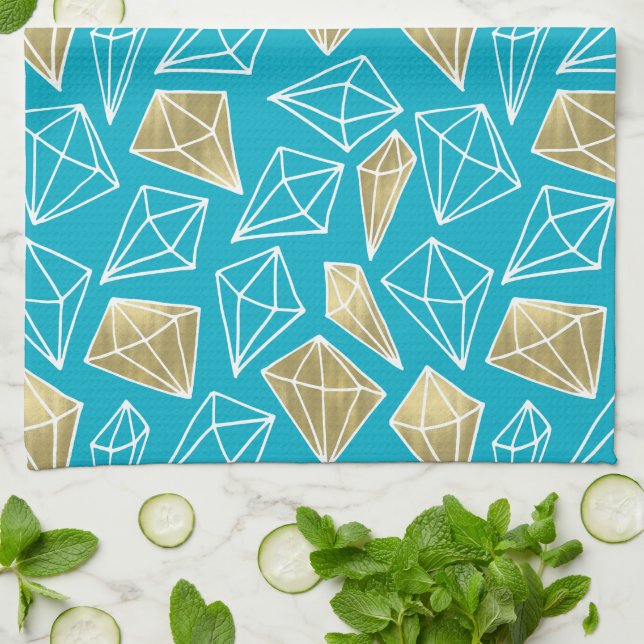 Chic Turquoise Aqua Blue Gold Diamonds   Kitchen Towel (Folded)