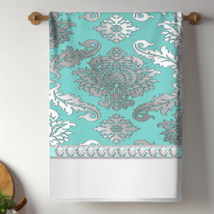 Chic Turquoise Blue Damask Serviettes de cuisine