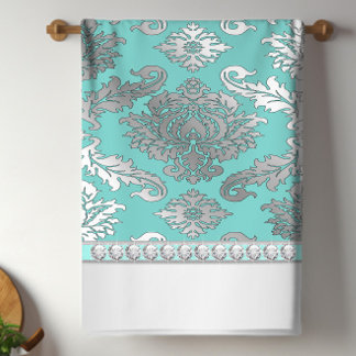 Chic Turquoise Blue Damask Serviettes de cuisine