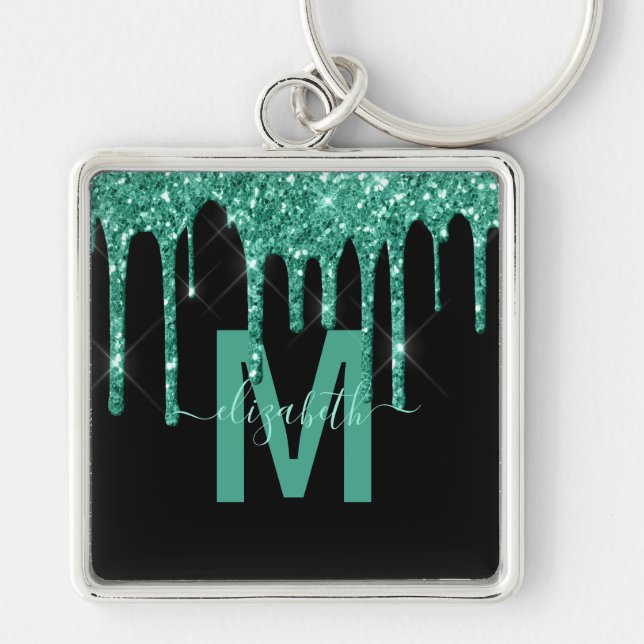 Chic Turquoise Dripping Glitter Monogram Name Keychain (Front)