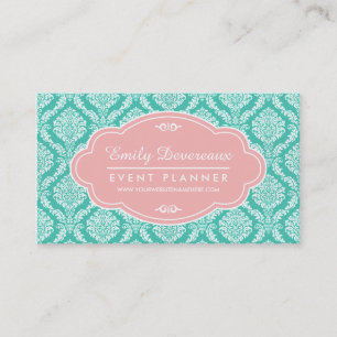 Chic Turquoise French Damask Pink Personalized Business Card
