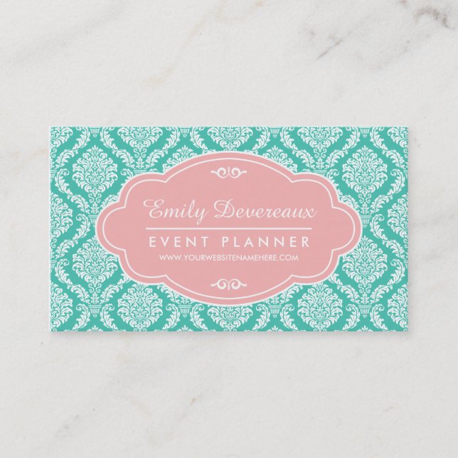 Chic Turquoise French Damask Pink Personalized Business Card (Front)