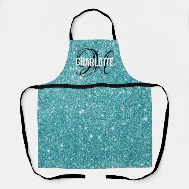 Chic turquoise glitter monogram name apron (Front)