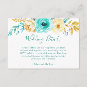 Chic Turquoise Gold Floral Wedding Details Info Enclosure Card