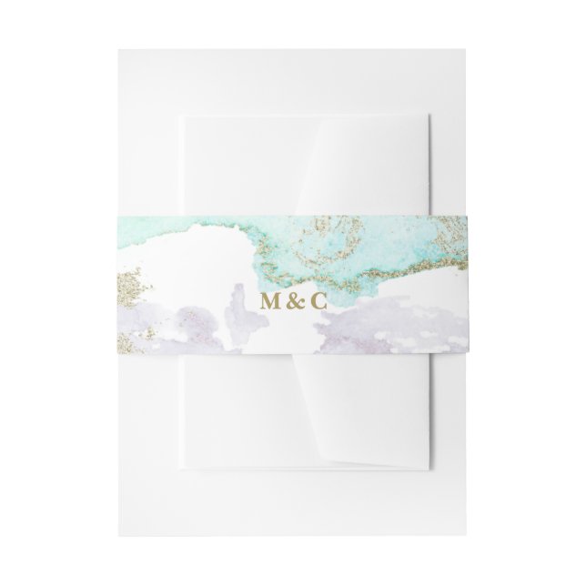 Chic Turquoise Gold Lavender Abstract Watercolor Invitation Belly Band (Front Example)
