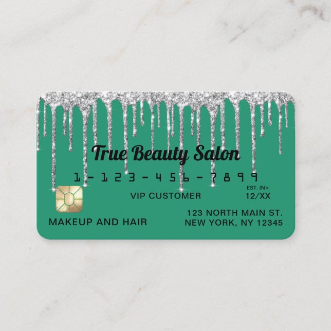 Chic Turquoise Green Silver Glitter Drips Credit Business Card (Front)